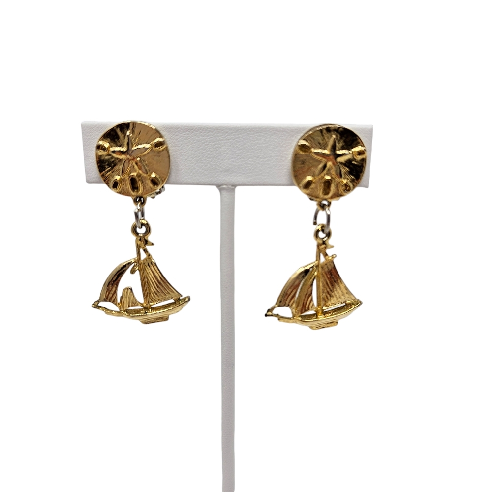 Gold Tone Sailboat Sand Dollar Clip On Dangle Earrings Nautical